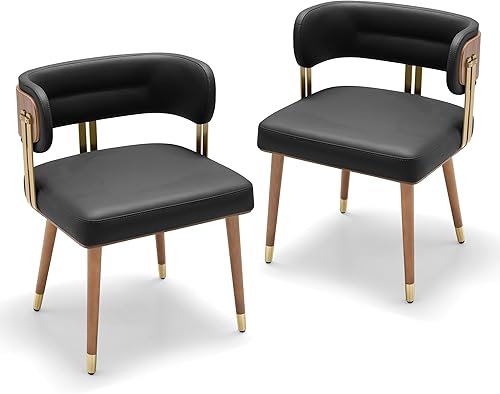 Miniatura 23 de ARTPLAN Mid-Century - Juego de 2 sillas de comedor tapizadas de cuero con chapa de madera de nogal y patas de metal dorado, cojín de espuma de alta