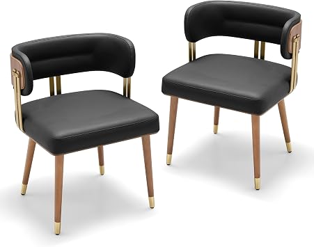 ARTPLAN Mid-Century Dining Chairs Set of 2,Leather Upholstered Kitchen Chairs with Walnut Wood Veneer&Gold Metal Legs,High Resilience Foam Cushion for Comfort, Chairs for Dining Room,Black