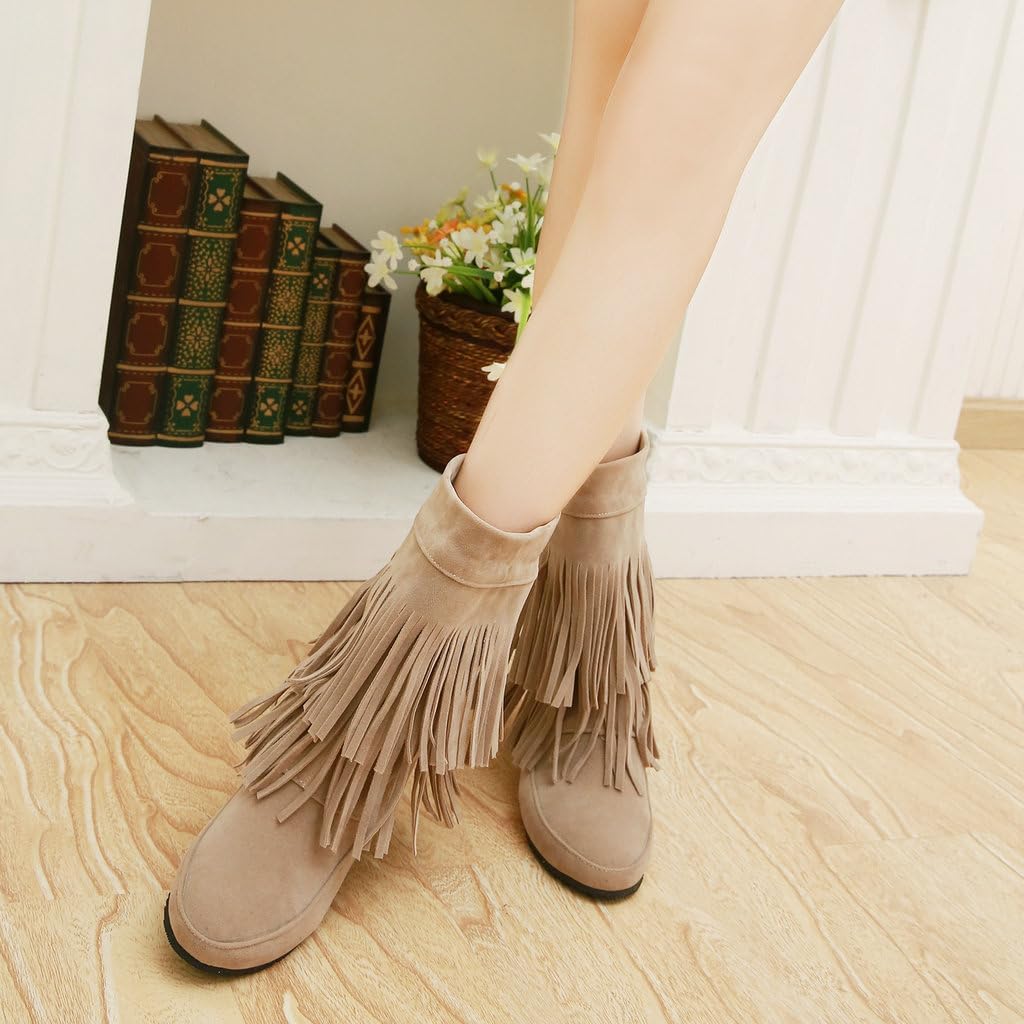 DINTAHA Flat Boots With Fringe For Women,Mid Calf Boots For Women Low Heel,Suede Ankle Boots