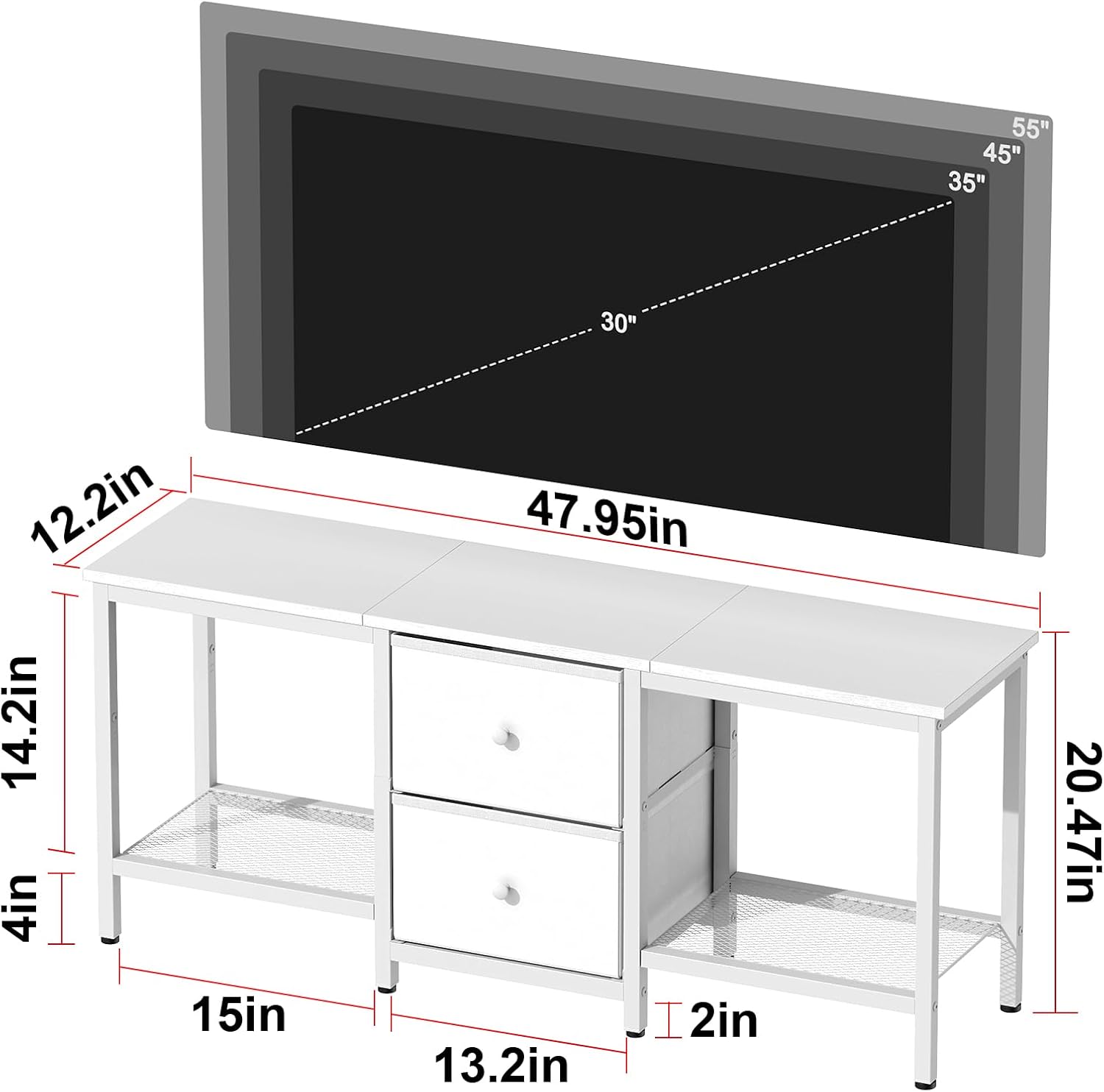 TV Stand Suitable for TVs up to 55 Inches, Entertainment Center with Storage Drawers and Shelves, Media Console Table for Living Room and Bedroom (White)