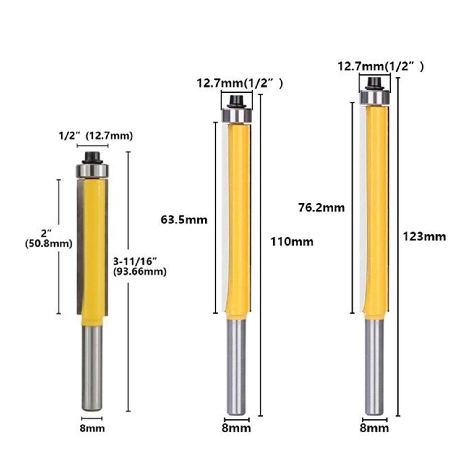 1pc/2pc/3pc 8mm Shank czop zestaw frezów 1/2 "Dia Flush Trim frez prosty z łożyskiem frez trzpieniowy do obróbki drewna(3pcs Set)