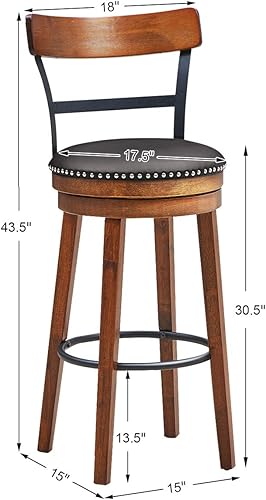 Miniatura 3 de COSTWAY Juego de 2 taburetes de bar, taburetes giratorios de 360 grados con asiento acolchado de cuero, respaldo de escalera de un solo listón y