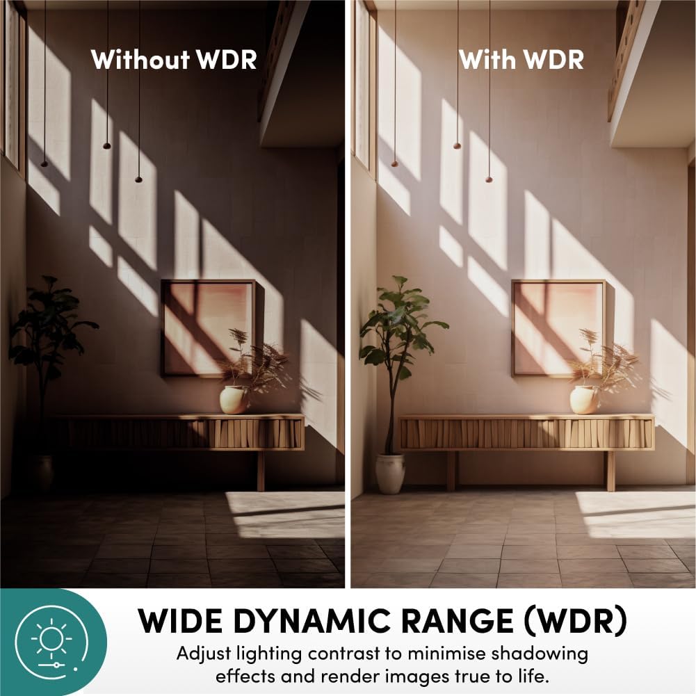 Comparison image showing a scene without WDR (dark shadows, bright highlights) and with WDR (balanced lighting).