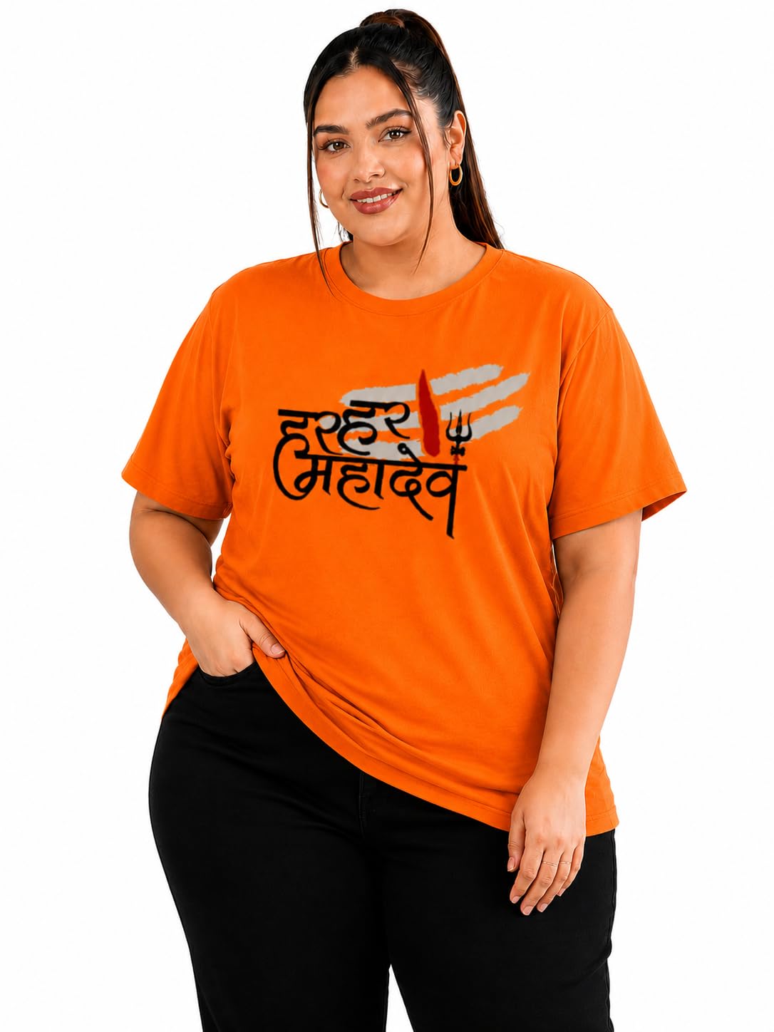Har Har Mahadev Graphic T-Shirt, Orange, Plus Size-picture-15