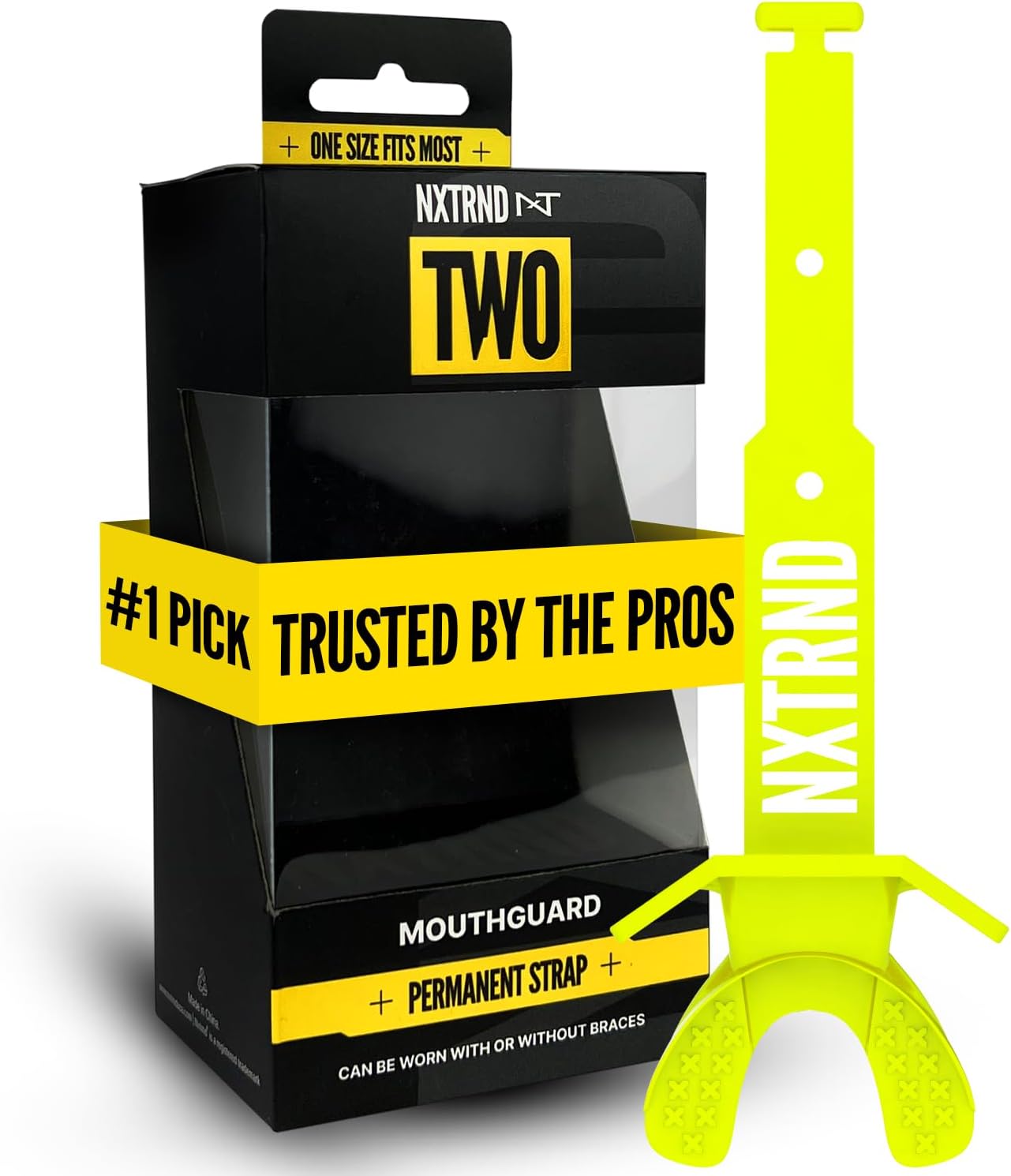 Nxtrnd Two Football Mouth Guard, Permanent Strap, Fits Adult & Youth (Neon Yellow)