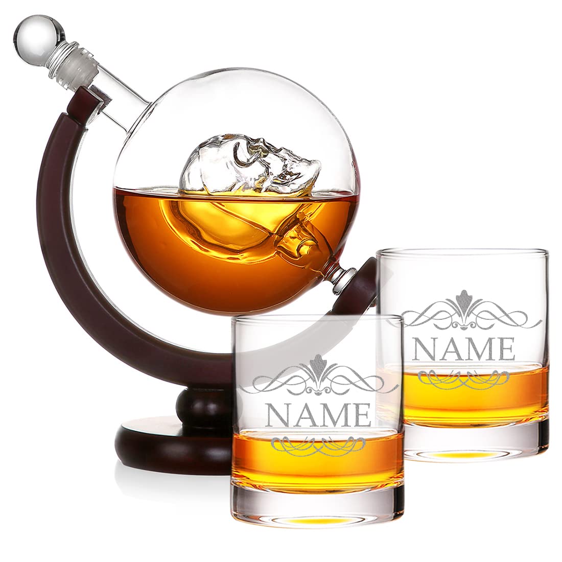 Skull Decanter Bars Set de 850 ml avec gravure – Motif ornement – soufflé à la bouche – Verres personnalisés 320 ml – Scotch, bourbon, rhum – Hommes, papas, frère – Cadeau d'anniversaire, Noël