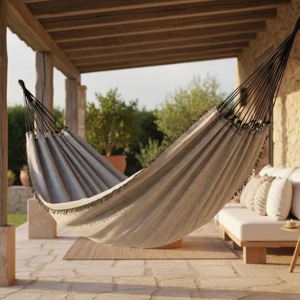 Rede de Descanso Dunas, Algodão 100%, Areia com Preto, 3.90m x 1.40m, Suporta 200kg, Para Varanda, Jardim e Área Externa