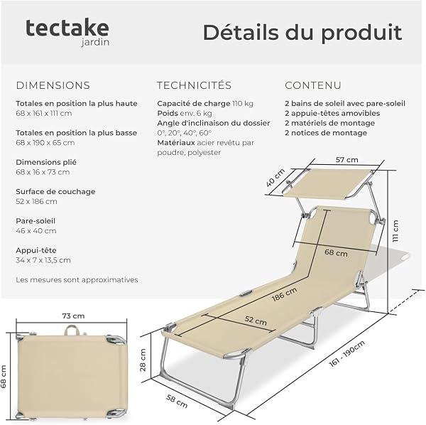 tectake® Set de 2 Chaise Longue Pliante Bain de Soleil Exterieur avec Pare Soleil & Appuie-tête Chaise Longue inclinable Transat de Plage Relax Jardin Camping Salon de Jardin Exterieur - Beige - 2