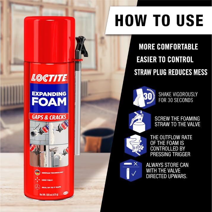 Loctite Expanding foam for Gaps & Cracks, seals upto 1 inch gaps, keeps pest & dust away, DIY easy application, high yield, Ideal for doors, PVC pipes, AC ducts, 500ml product image 2