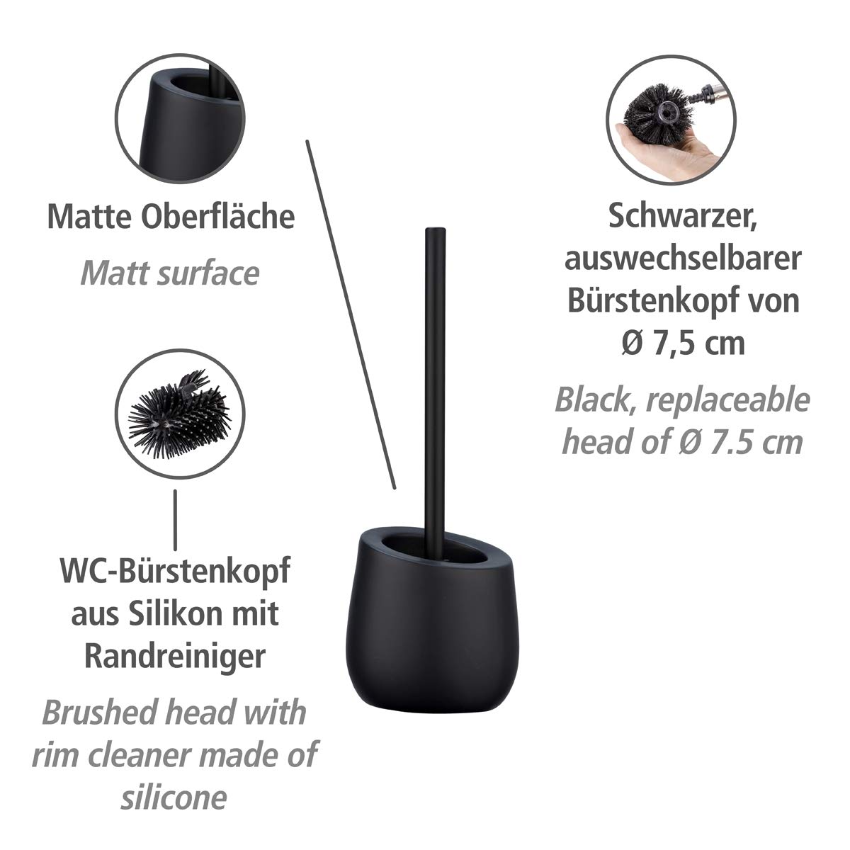 WENKO Treteimer Davos, 5 Liter, puristischer Kosmetikeimer mit Easy-Close Absenkautomatik, 23,5 x 26 x 27,5 cm, Schwarz matt & WC-Garnitur Badi Schwarz, hochwertige Keramik mit Matter Oberfläche