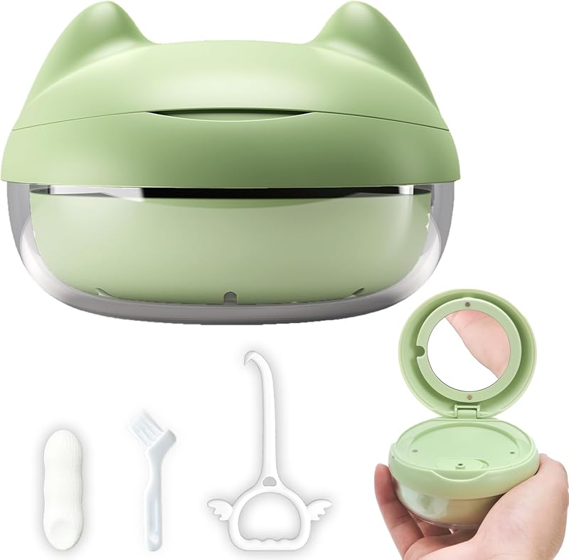 Retainer Case Denture Bath Case Basket Mirror Leak-proof Green Cat | 2-in-1 design Strainer Basket No-Leak Cleaning Case for Mouth Guard Cute Removal Tool,Aligner chewies,Bursh