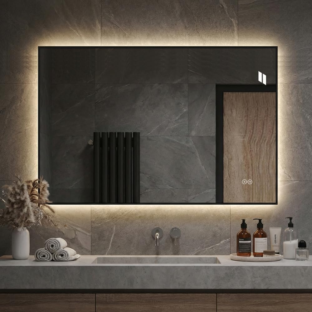 Espejo de baño LED 50 x 70 cm con marco de aluminio, retroiluminado, antivaho, 3 colores de luz, intensidad regulable en continuo, memoria, cristal plateado sin cobre, 5 mm
