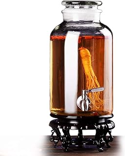 FMOGE Dozownik napojów| Szklany słoik | Dozownik do napojów zimnych | Podstawa z żywicy | Szczelny metalowy czop | Okrągły | 2,5 l ~ 25 l | Przezroczyste, szafki na wino