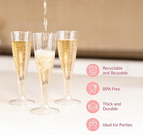 Vista 72 de Prestee Paquete de 48 copas de champán desechables de plástico, copas de flauta con purpurina dorada para champán, barra de mimosa, suministros