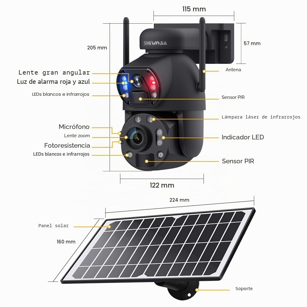 SHIWOJIA Cámara 4G Solar Exterior, Cámara 4G Doble Lente Zoom Híbrido 50X, 6MP con visión Nocturna en Color, detección Humana PIR, Ranura SD, Metal, IP66