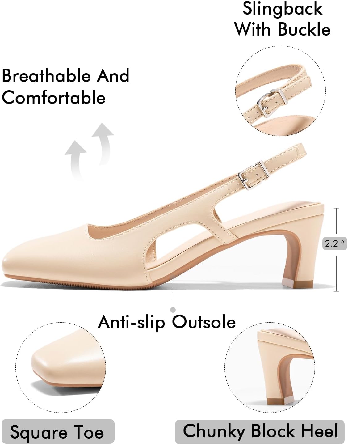 Coutgo Womens Slingback Chunky Low Heels Closed Square Toe Pumps Wedding Party Dress Shoes - Image 5
