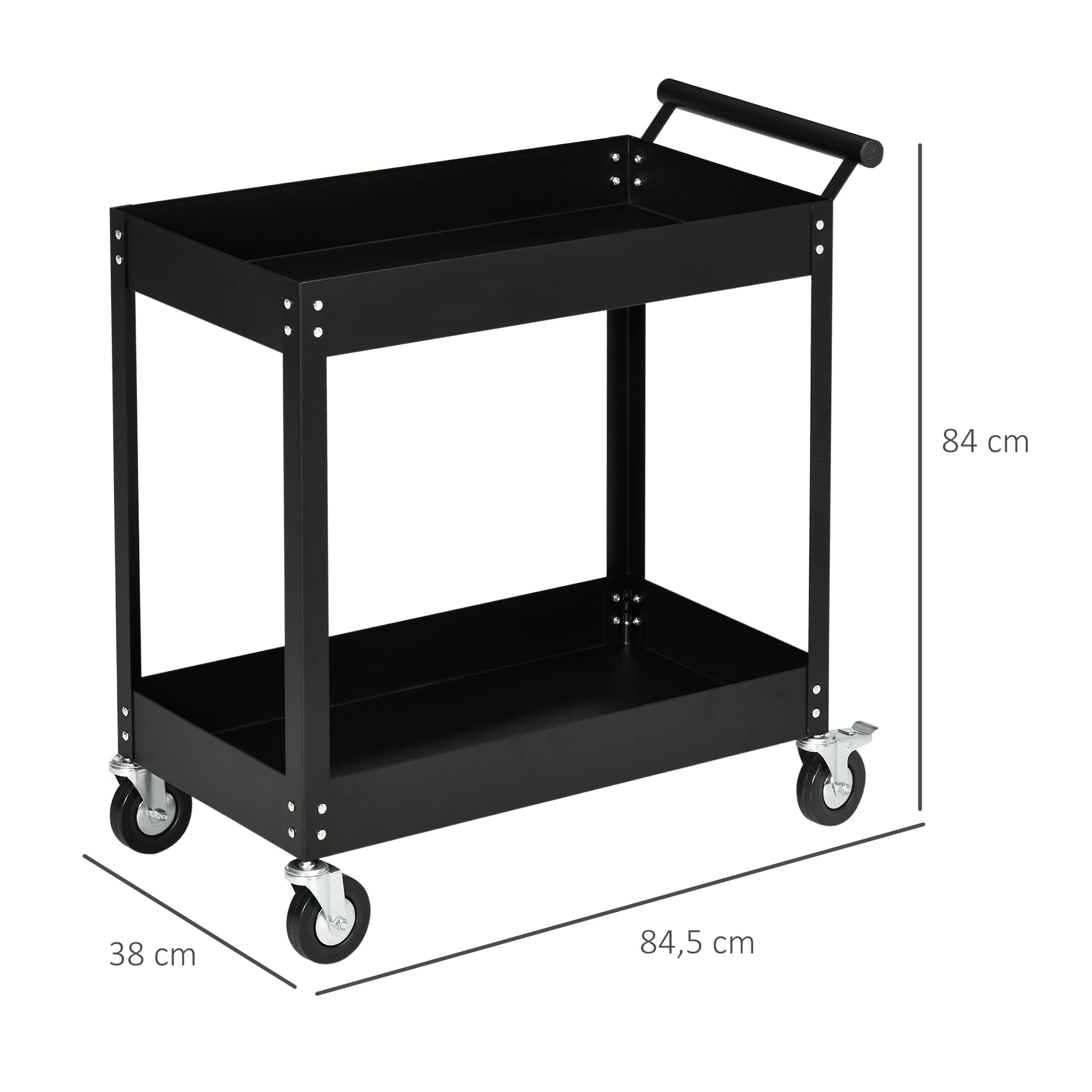 DURHAND Werkstattwagen mit 2 Etagen, Werkzeugwagen leer, Transportwagen, seitlicher Griff, 4 Rollen, Stahl, bis 150 kg Tragkraft, 84,5 x 38 x 84 cm, Schwarz