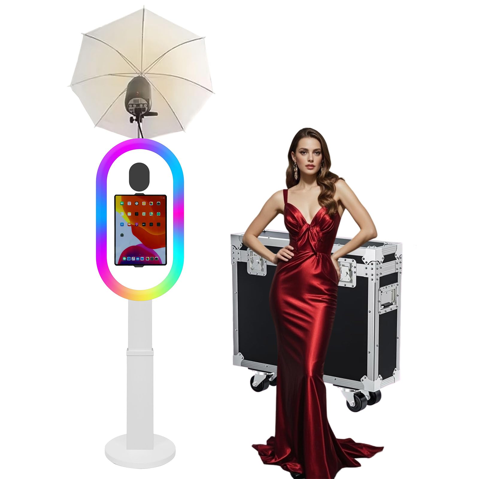 Cabina de fotos compatible con iPad de 10.2 a 13 pulgadas con luz RGB y soporte de carcasa de linterna, máquina de fotomatón para selfie, para eventos, alquiler, boda (blanco, máquina de