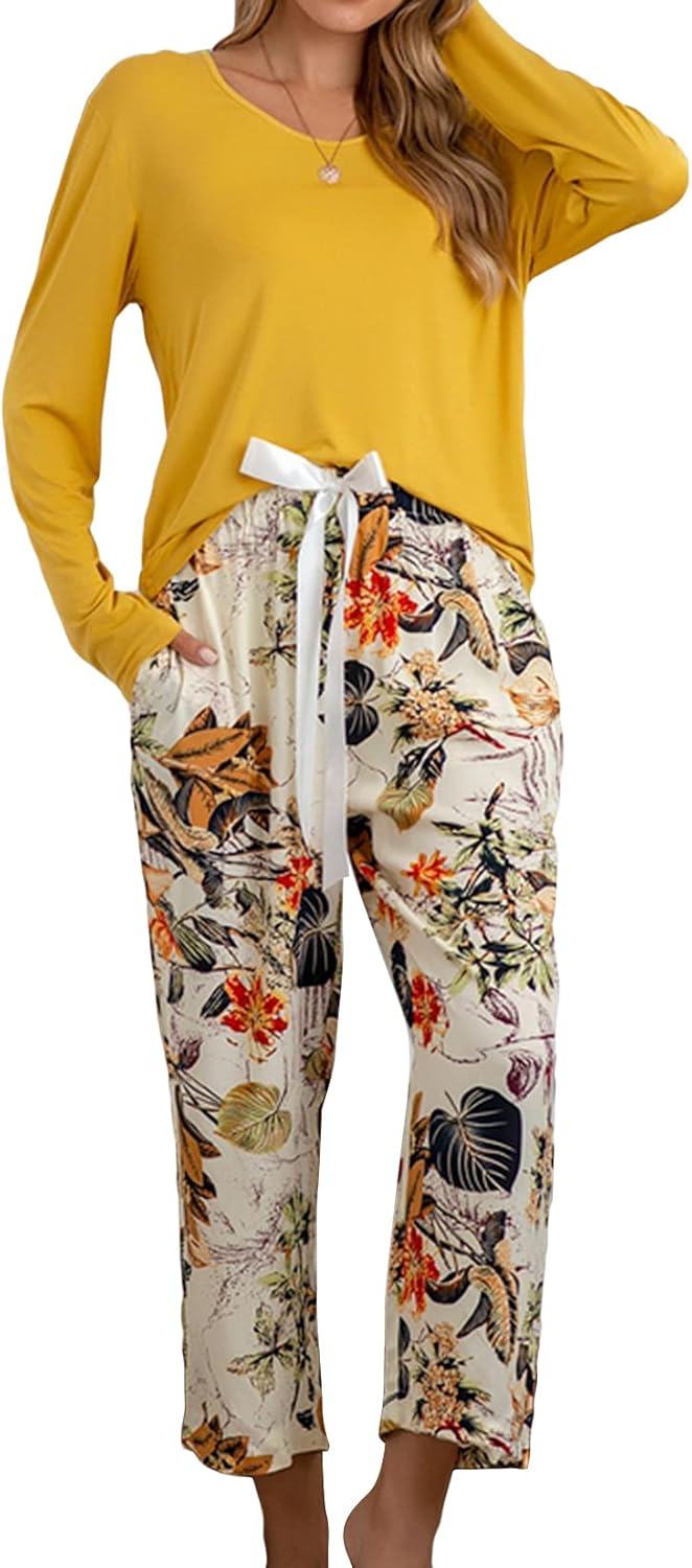 Lu's Chic Women's Long Sleeve Pajama Set 2 Piece Sleepwear 2Pcs Floral Cropped Print Nightwear