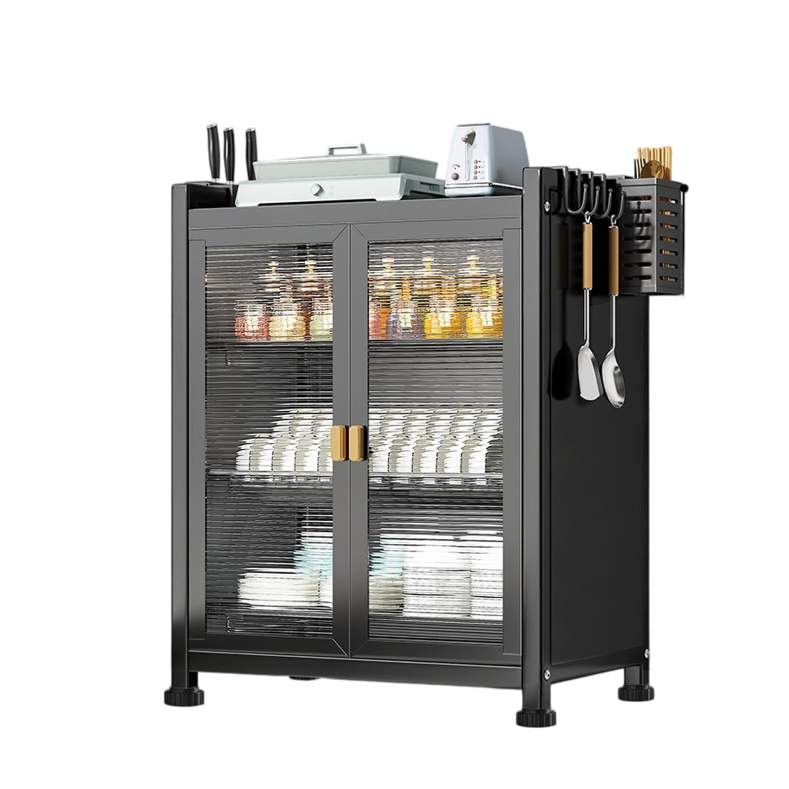 Escurridor de platos de 3 niveles con puerta, organizador de cocina negro