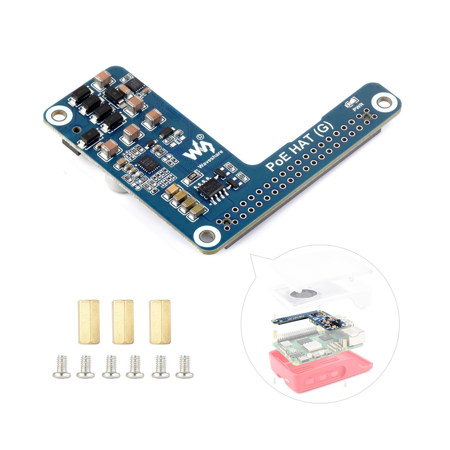 wavesharePoE HAT (G), Compatible with Raspberry Pi 5, 5V 5A Output, Stable Performance, Supports 802.3af/at Network Standard, Power Over Ethernet HAT (G), Suitable for RPi 5 Official Case