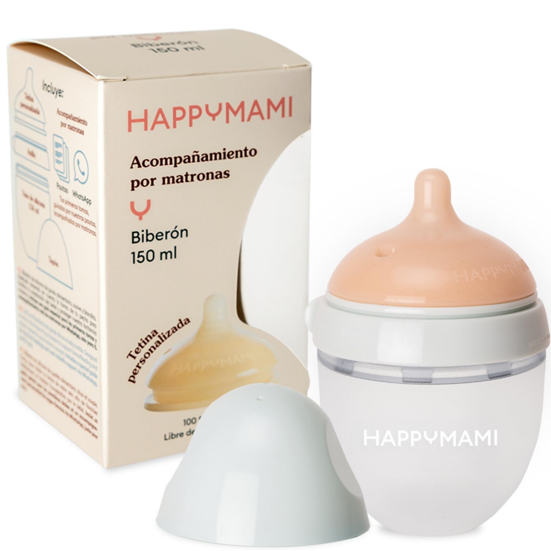 HAPPYMAMI Biberón Anticólicos a Medida Lactancia Materna Bebé 150ml Menta | Tetina de silicona grado alimentario. Ritmo de succión natural idéntico al pecho que evita el rechazo. Apto lavavajillas.