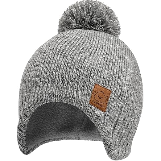 Image of Baby Beanies, Baby Hats for Boys, Girls - Cute Toddler Winter Hat, Soft & Stretchy Beanies for Infant, Newborn 6-36 Months, Cozy & Warm with Earflap Muff & Pom (Gray)