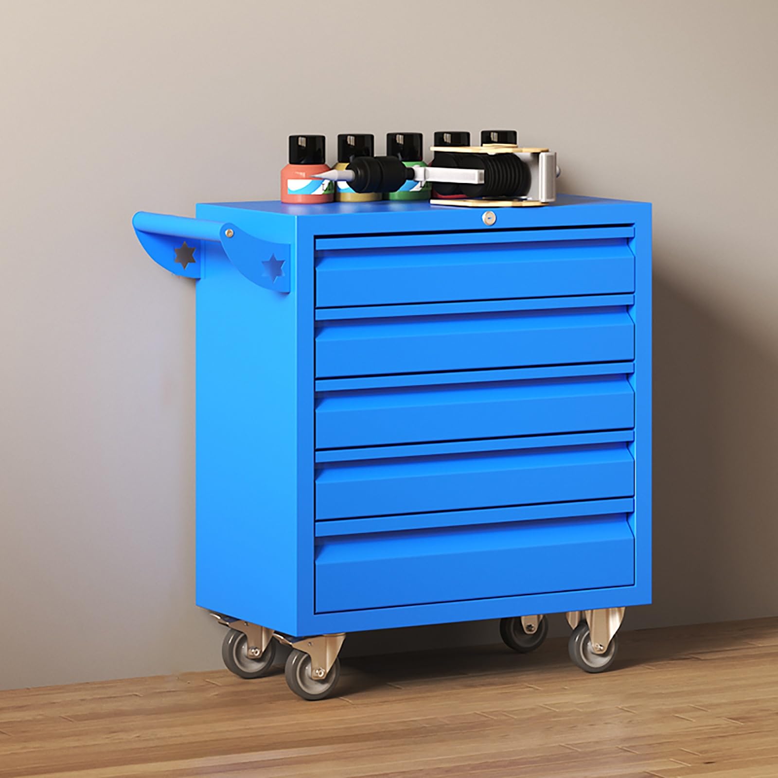 Armadietto portaoggetti in metallo con ruote, cassetta degli attrezzi con serratura, carrello portautensili a 5 cassetti per garage e officina, organizer per attrezzi resistente, 61 x 33 x 61 cm