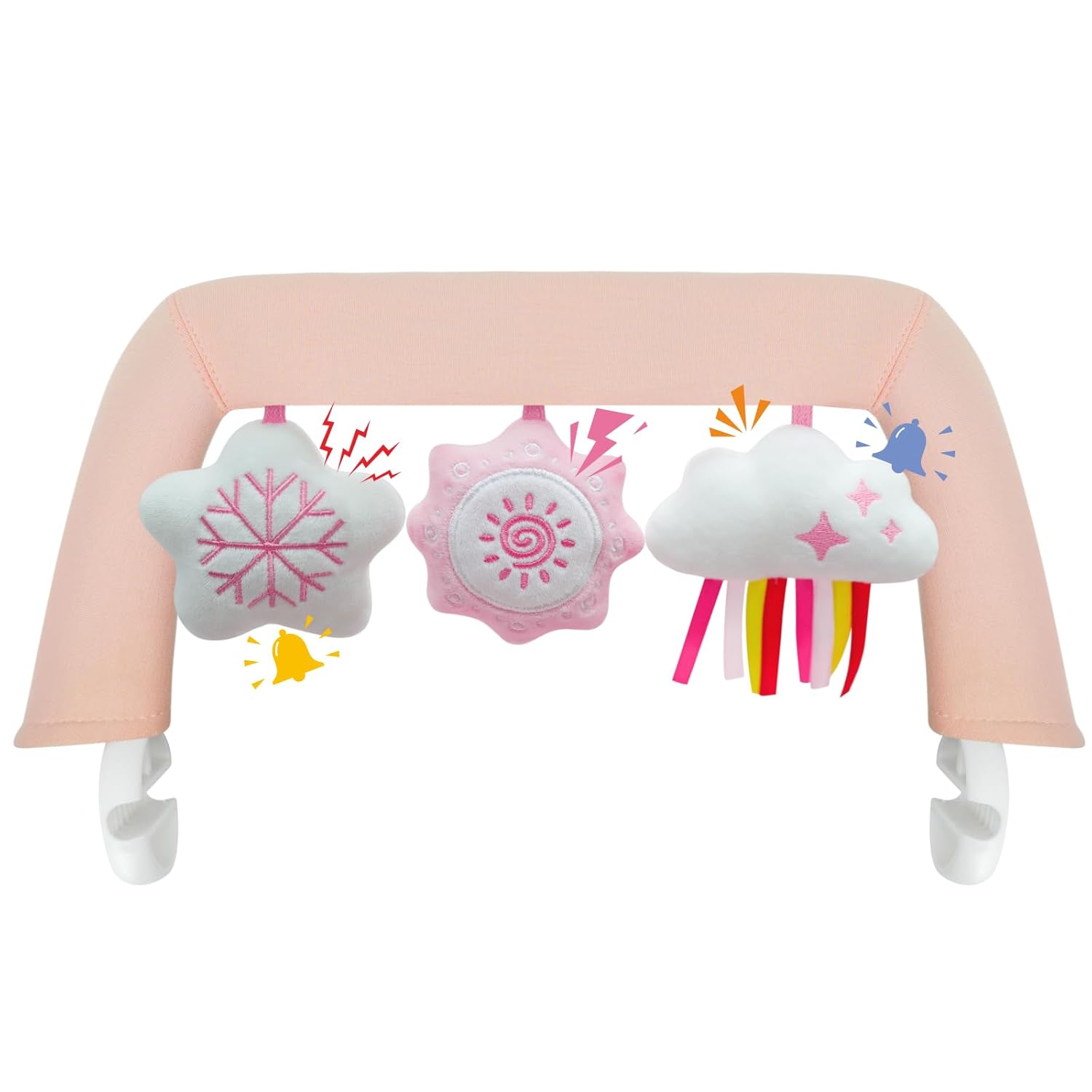 iGRATENS Baby Bjorn Bouncer Toy Bar, Toy Bar for Baby Bouncer Bliss and Balance Soft with 3 PCS Cute Sensory Toys, Easy to Attach and Remove, Skin -Friendly, Machine Washable, Pink and White, Soft