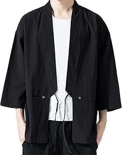 Cárdigan masculino Happi Chaqueta Kimono Cardigan Hombres Ropa tradicional japonesa Yukata Abrigo Haori Color sólido Japón Kimono Camisas Suelta Manga 3/4 Chaqueta, A negro., L