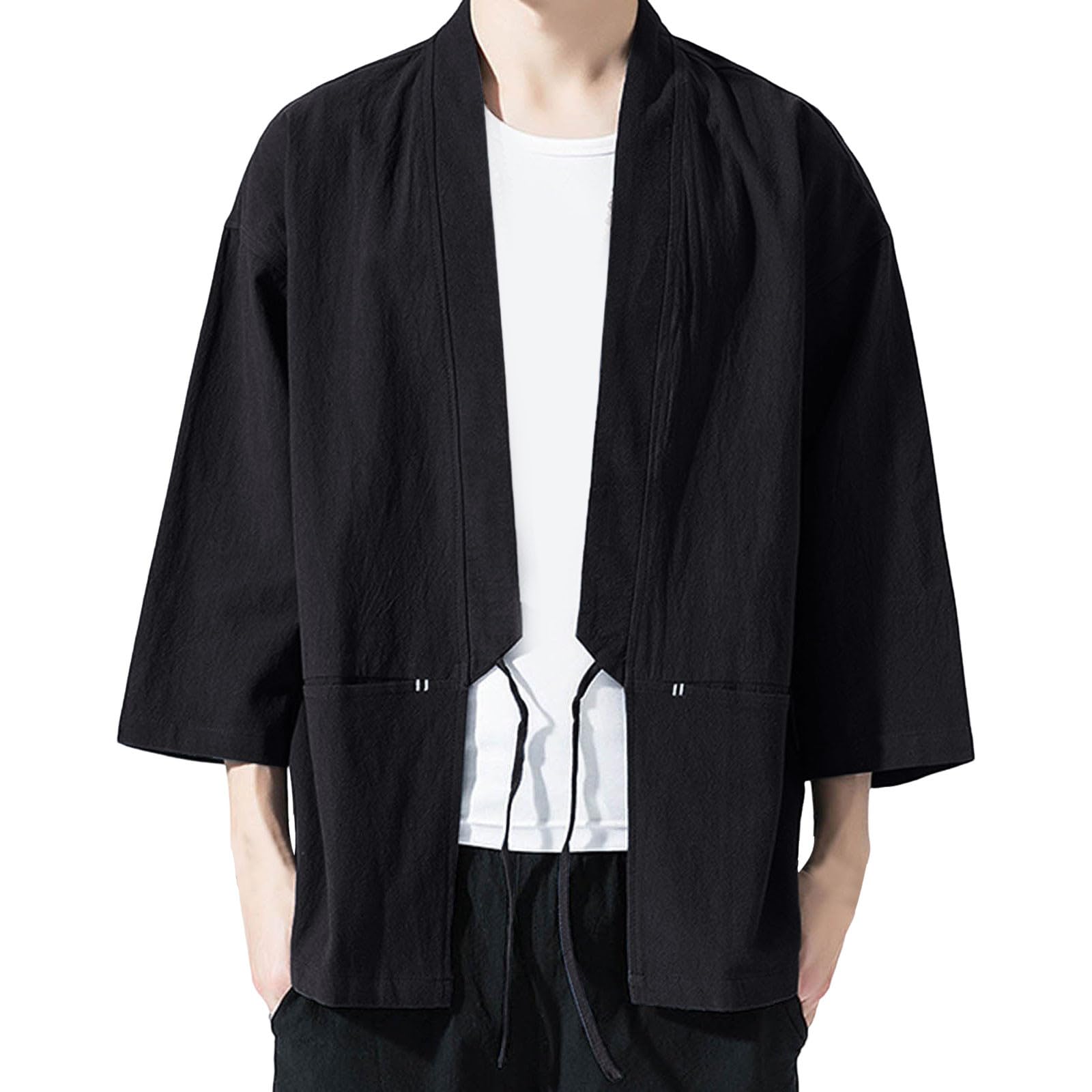 Veste Japonaise Homme En Coton/Lin - Cardigan Happi Kimono Style Harajuku, Décontracté Et Vintage, Taille XXL Noir