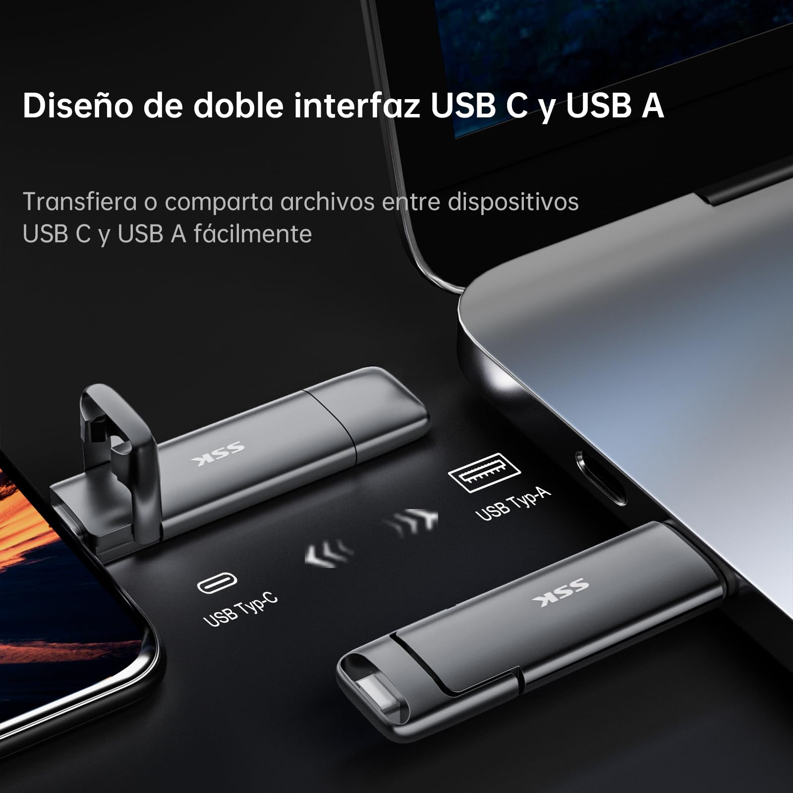 SSK SSD Externo portátil de 256GB hasta 1000 MB/s de Lectura, Unidad de Estado sólido Doble USB 3.2 Gen 2, Adaptador USB A + Tipo C 2 en 1 para iPhone 15/PS4/Android Phone/Tablet/Windows/Mac