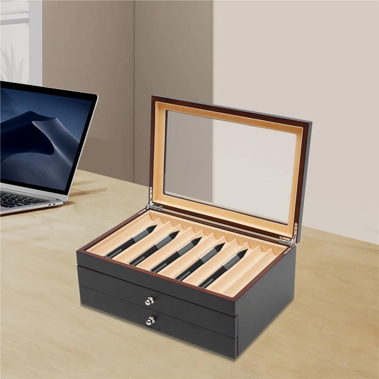 Scatola portapenne in legno a 3 strati con 34 scomparti for penne, espositore for finestra in vetro Per Ufficio Casa