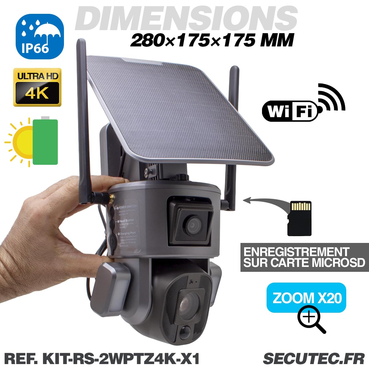 Kit vidéosurveillance 3G 4G autonome solaire waterproof avec une double caméra pilotable solaire Wifi Ultra HD 4K Zoom X20 autotracking IR détection de mouvement alarme et sirène microSD 128 Go
