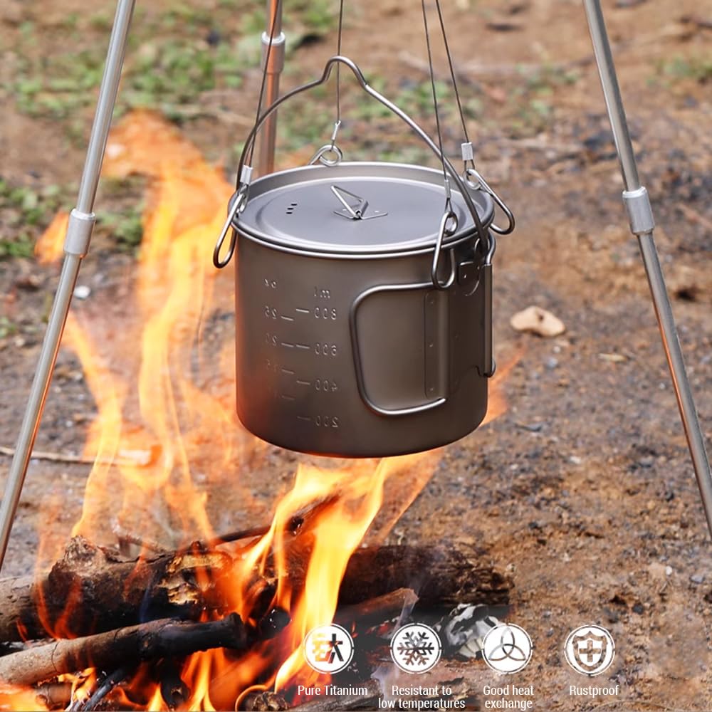 Kavolet Pot en titane de 1100 ml - Tasse de camping - Avec couvercle et poignées pliables - Ensemble de vaisselle de camping pour le camping et la randonnée