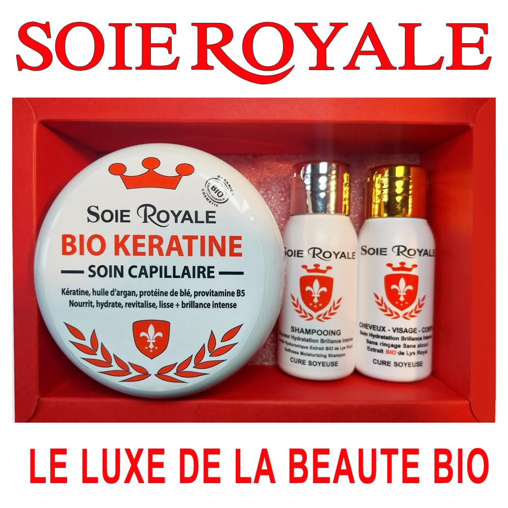Coffret Cadeau Rouge Soin Capillaire Bio Kératine 250 ml Shampooing régénérant et Sérum Soie Royale Cure Soyeuse 66 ml sans rinçage Répare Hydrate Nourrit Démêle Brillance Intense pour cheveux