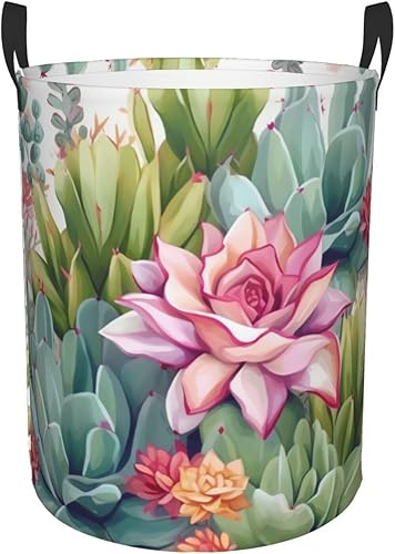 Cesta de lavandería con estampado de cactus colorido, cesta circular impermeable para baño, cesta organizadora de almacenamiento con asas para ropa,