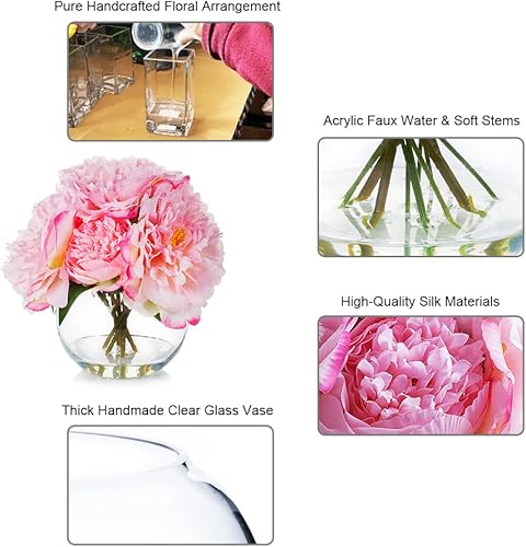Miniatura 3 de Flor de peonía artificial con jarrón, arreglo de flores falsas en jarrón, flor artificial con jarrón, peonía sintética en jarrón de vidrio para