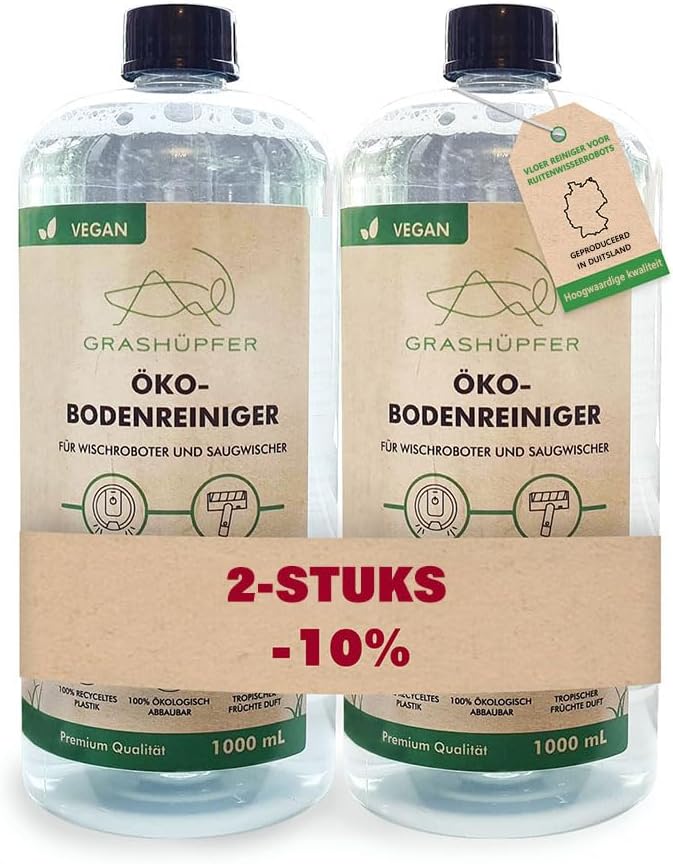 Set van 2 - Grashüpfer® dweilrobotreinigingsmiddel I eco-vloerreiniger 2 x 1000 ml concentraat voor ca. 160 toepassingen "Tropische fruitgeur" compatibel met alle dweil- en stofzuigrobots