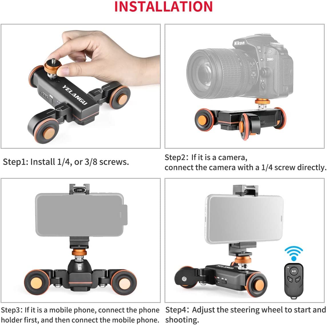 DSLR-Kamera mit kabelloser Fernbedienung, 3 Arten von Geschwindigkeiten, verstellbarer Schieber, um 360 Grad drehbar, motorisiert, elektrisch, Schiene, Dolly Auto