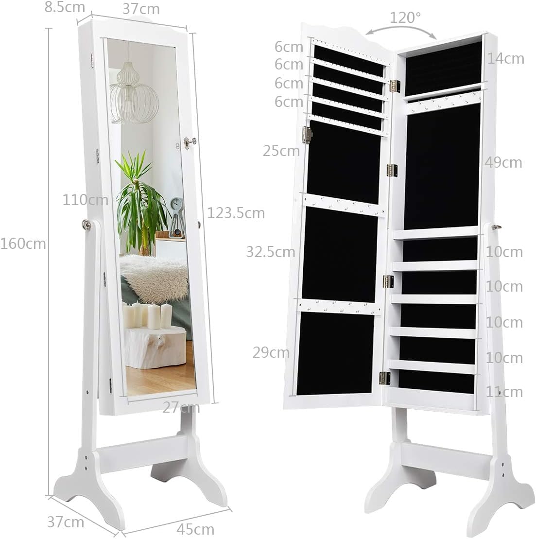 GOPLUS Armoire à Bijoux, Armoire a Bijoux avec Miroir sur Pied, Organisateur de Bijoux avec 4 Angle d'Inclinaison, Grand Armoire de Rangement Verrouillable pour Femmes, Filles (Blanc)