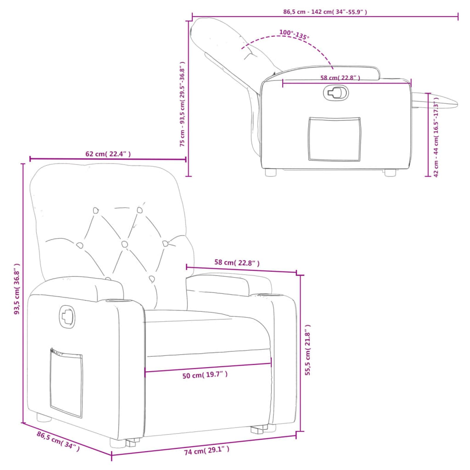 Fotel relaksacyjny z funkcją wspomagania wstawania, ciemnobrązowy materiał, 74 x 86,5 x 93,5 cm, dla seniorów i osób o ograniczonej sprawności ruchowej