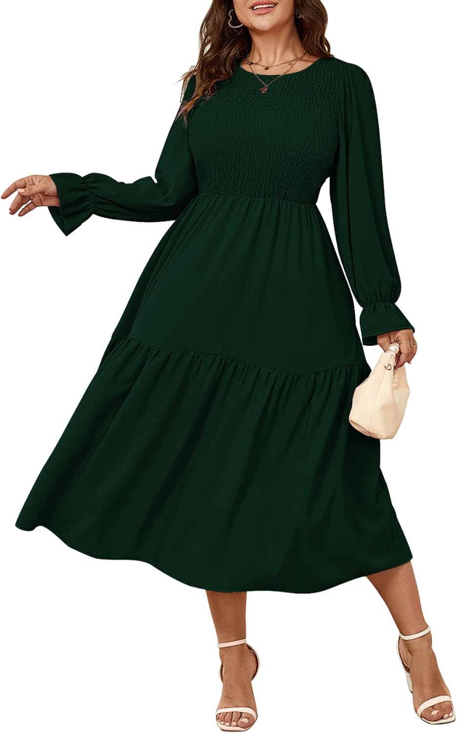 Women's Plus Size Dress Long Sleeve Crewneck Smocked Tiered Flowy Boho Wedding Party Maxi Dresses