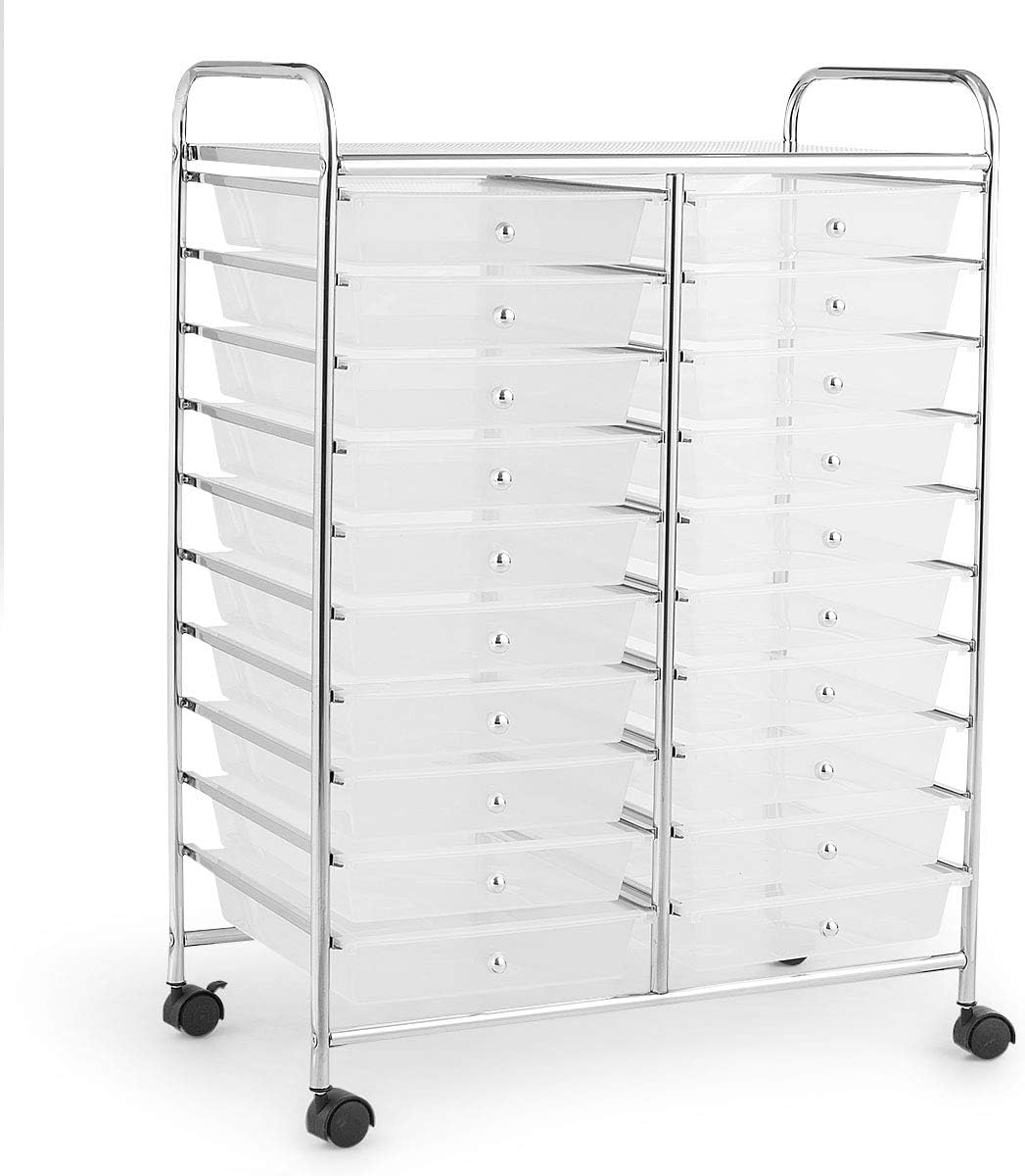 Clear 20-Drawer Rolling Organizer Cart with Chrome Frame