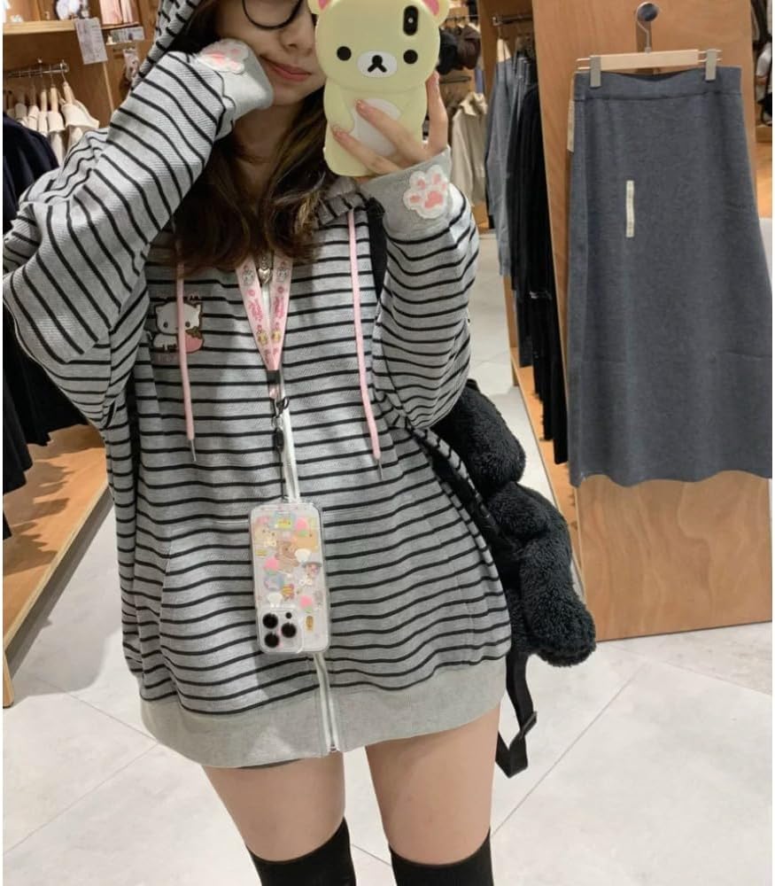 Y2K Sweet Wind Strawberry Cat Printed Striped Hoodie Women's Cute Cat Ears Hoodie Loose Top - Image 5