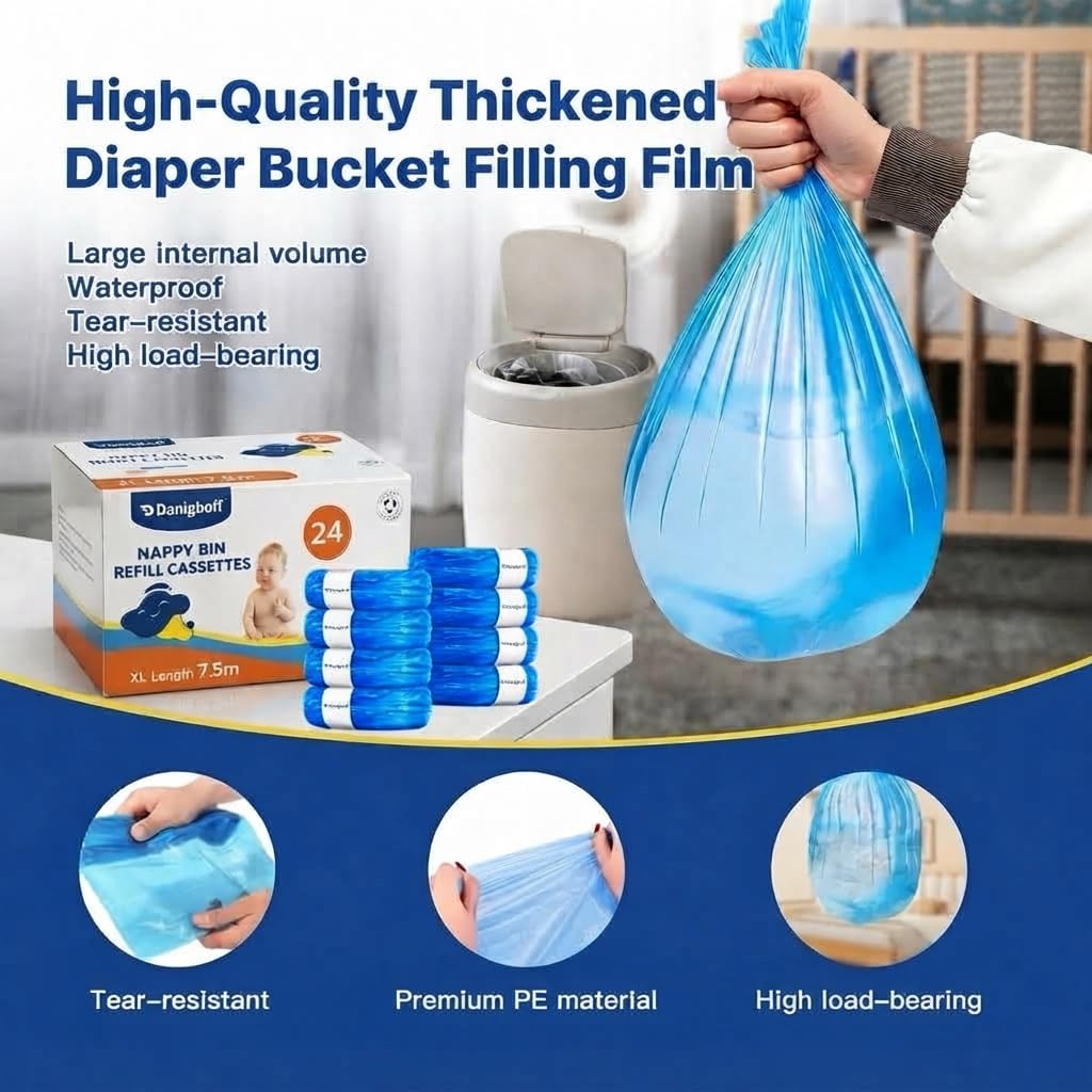 Ricariche per pattumiera per pannolini, sacchetti extra lunghi da 7,5 m, compatibili con bidoni Twist & Click e Sangenic TEC, sacchetti di ricarica multistrato per lo smaltimento dei pannolini (24