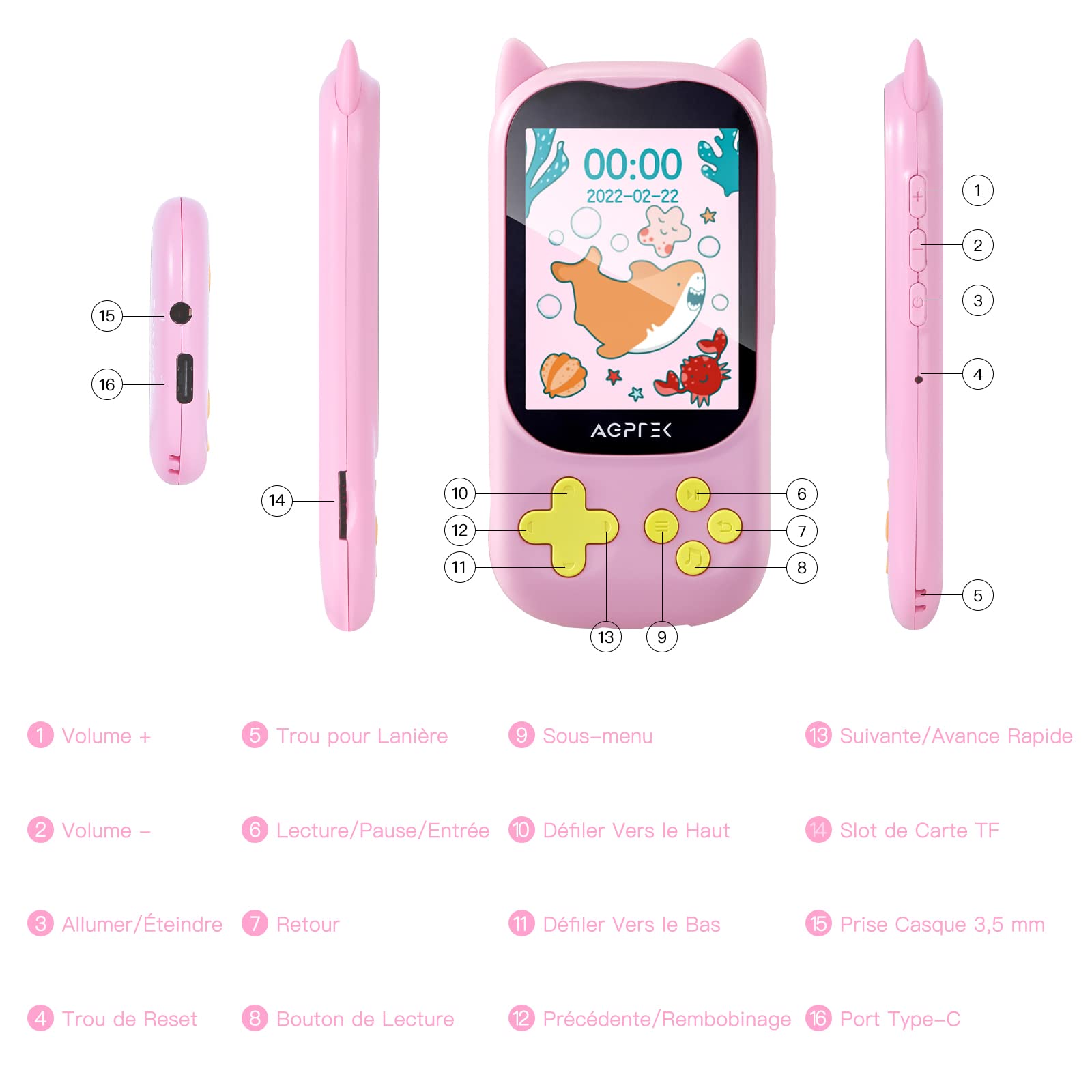 AGPTEK 32GB Reproductor MP3 para Niños, MP3 Bluetooth 5.3, 2.4" Pantalla TFT Reproductor de Música con botón de Reproducción, Volumen, Radio FM, Reloj Despertador, Tarjeta TF de hasta 128G, Rosa