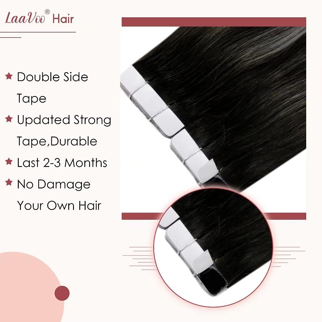 LaaVoo Tape in Hair Extensions Human Hair Black Tape Hair Extensions Real Human Hair Invisible Tapes Remy Straight Balayage Natural Black & Silver Hair Double Sided Tabs 20pcs 50g 14 Inch #1b/s/1b - Image 3