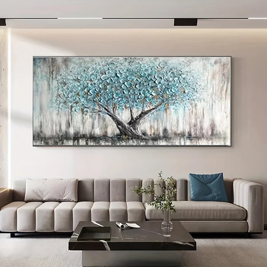 Tableau abstrait sur toile contemporain turquoise 55x110 cm décoration murale salon et bureau