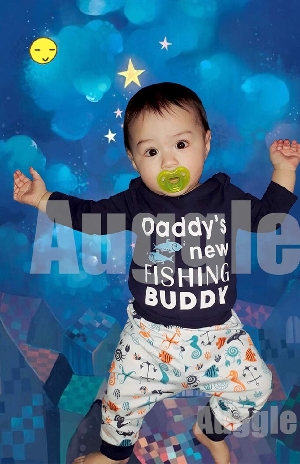 Auggle 3PCS Baby Boys' Daddy's New Fishing Buddy Outfit Set Short Sleeve Bodysuit